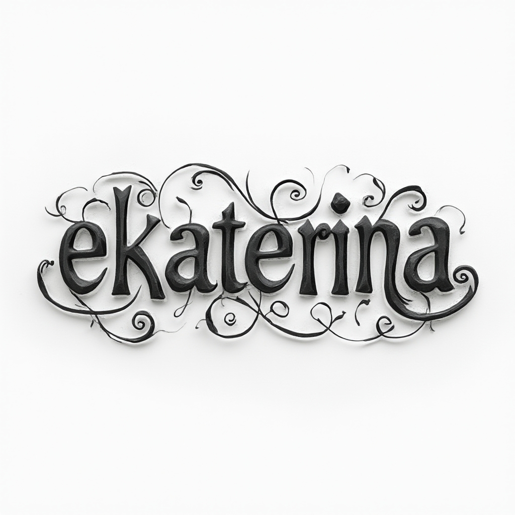 Dimensional monochrome script tattoo concept of the name ekaterina with ornate flourishes on white