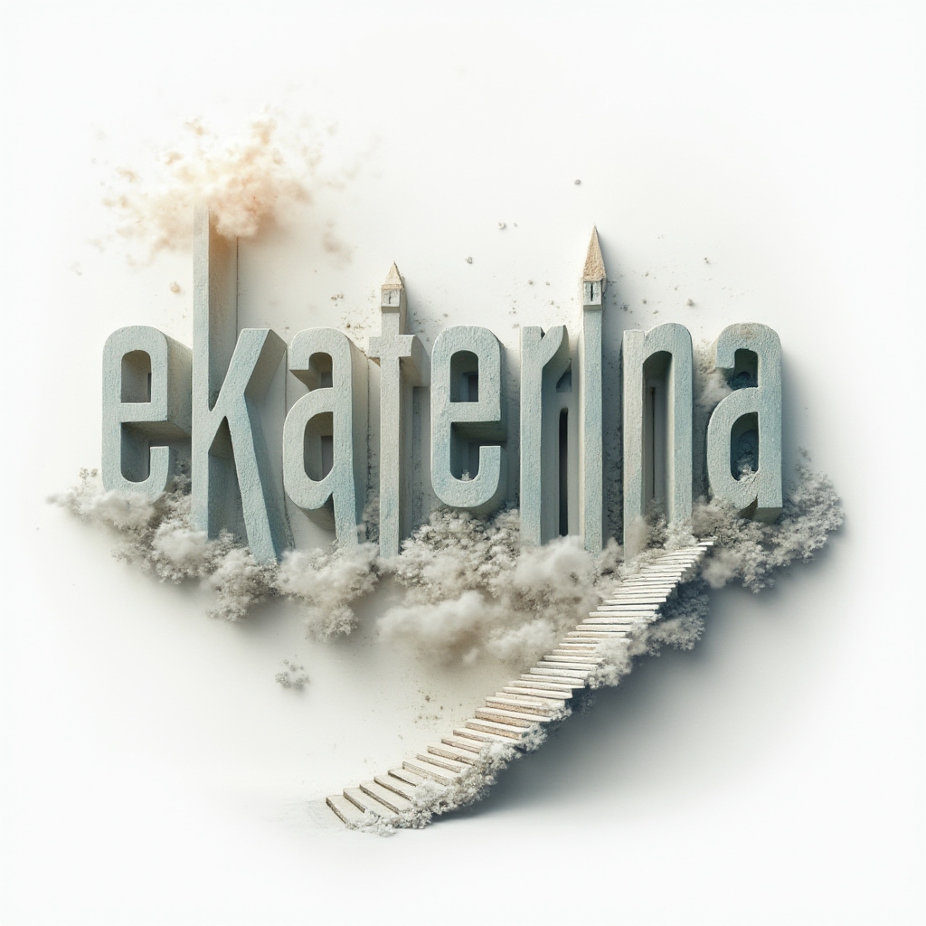Surreal dreamscape tattoo concept of the name ekaterina as impossible architecture on white