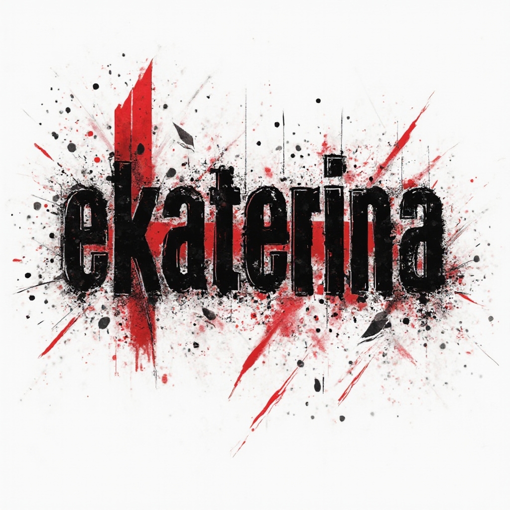 Trash Polka style tattoo concept of the name ekaterina in bold black and red on white