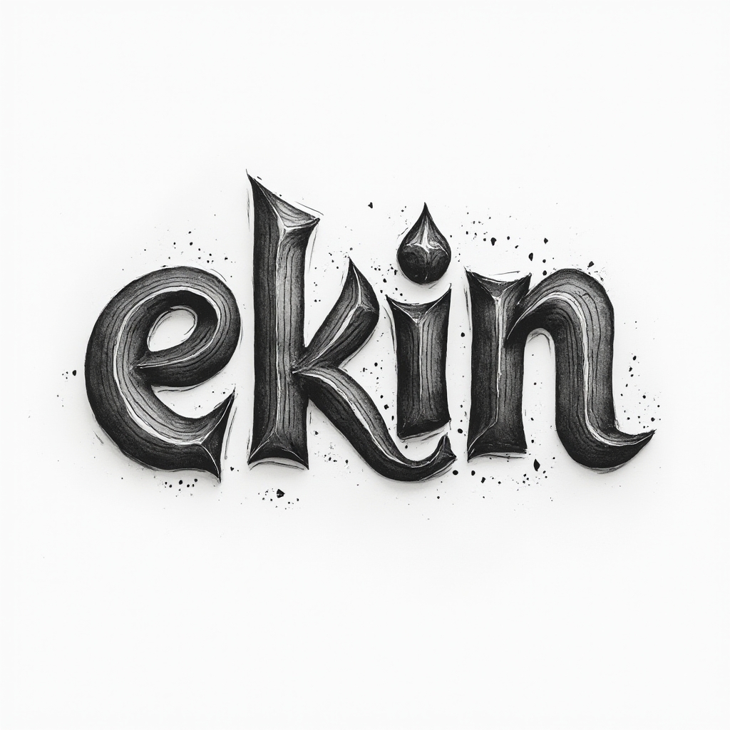 Dimensional black and gray stylized lettering forming the name ekin on a white background.
