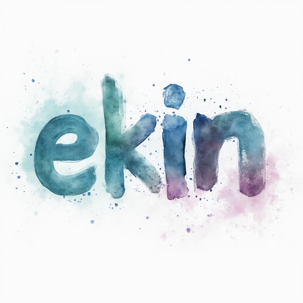 Watercolor-style stylized lettering of the name ekin with colorful paint splashes on a white background.