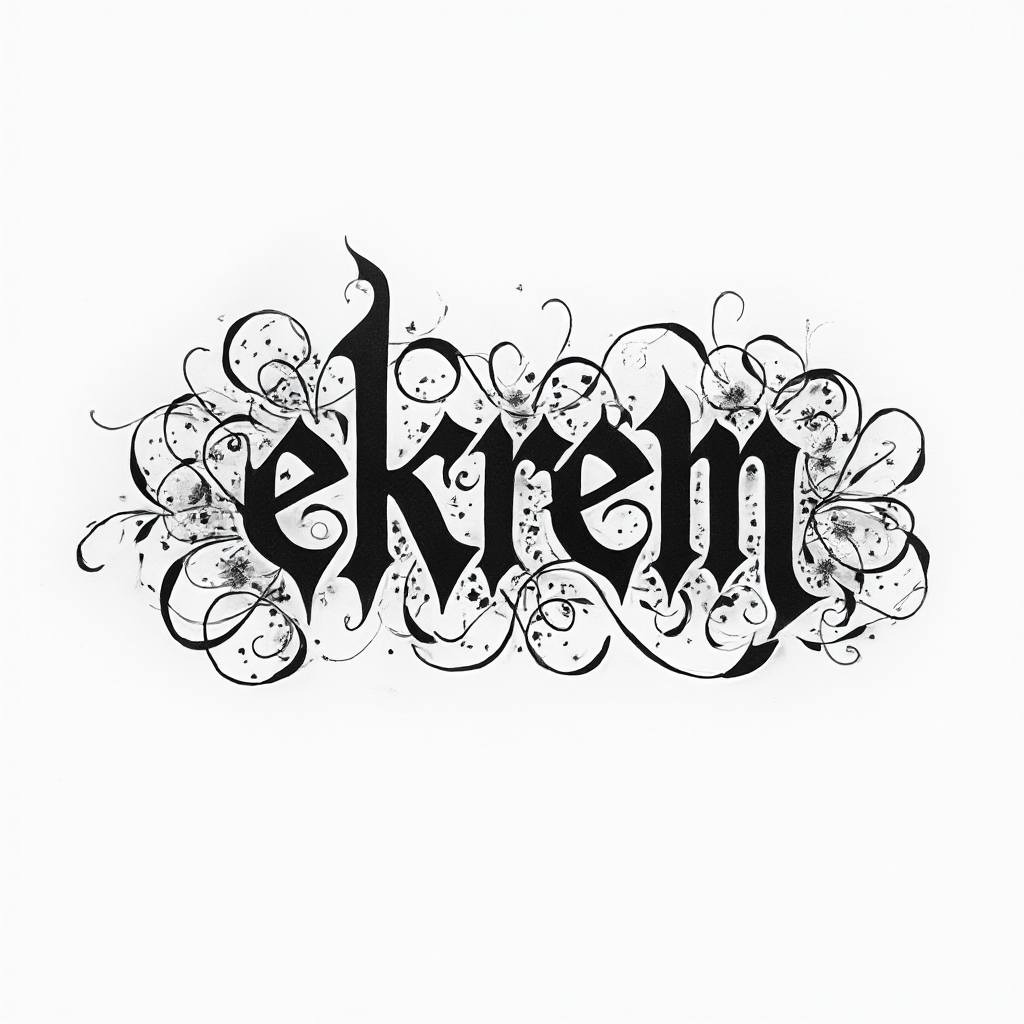 Abstract flowing line-art tattoo concept spelling ekrem with ornamental curves on a white background.