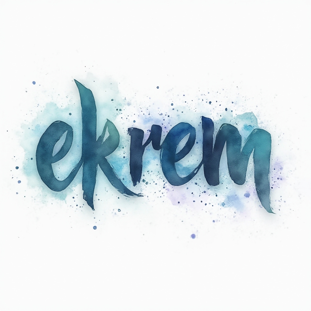 Watercolor tattoo concept of the name ekrem rendered as flowing colorful brushstroke letters on a white background.