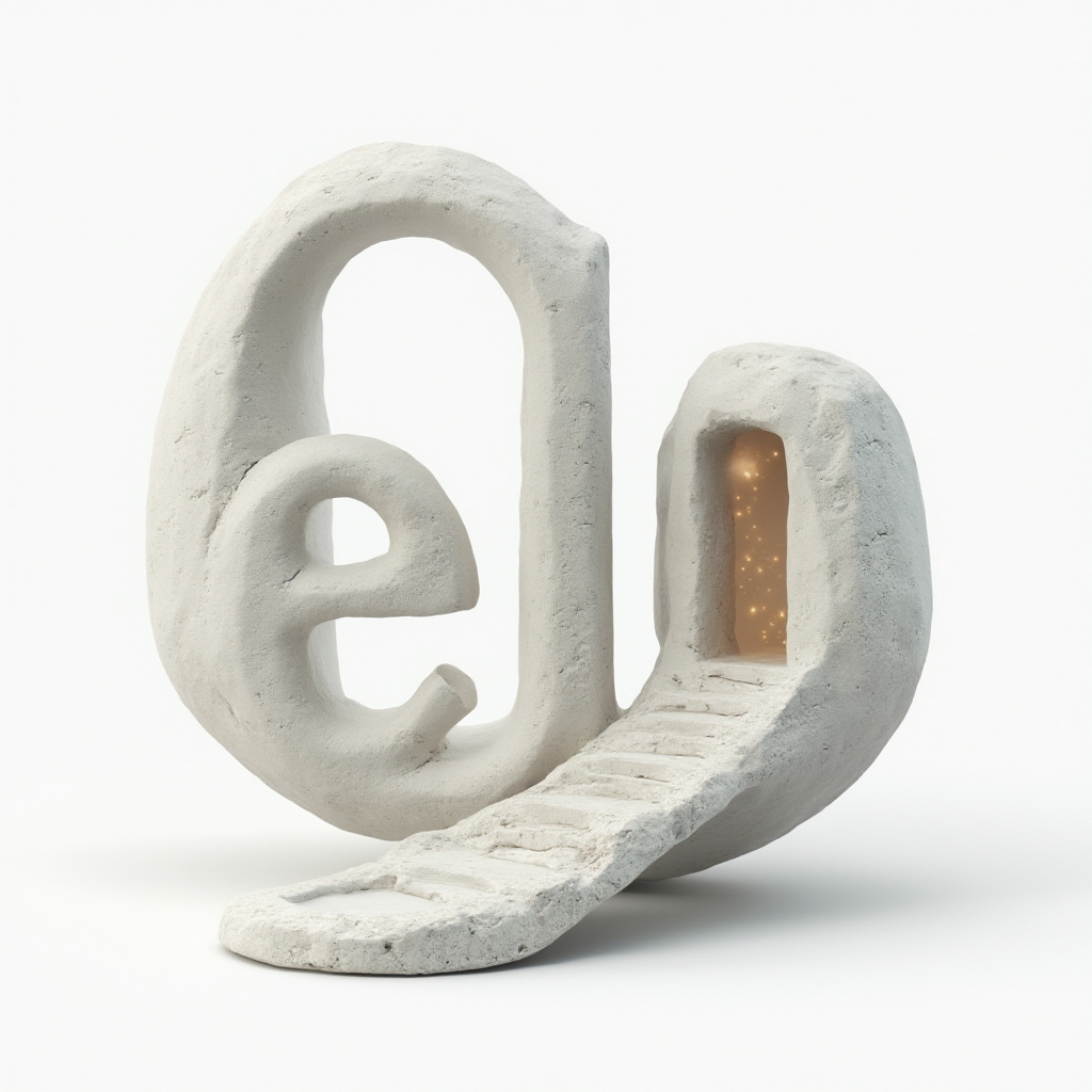 Surreal floating architectural forms arranged to suggest the name ela on a white background.