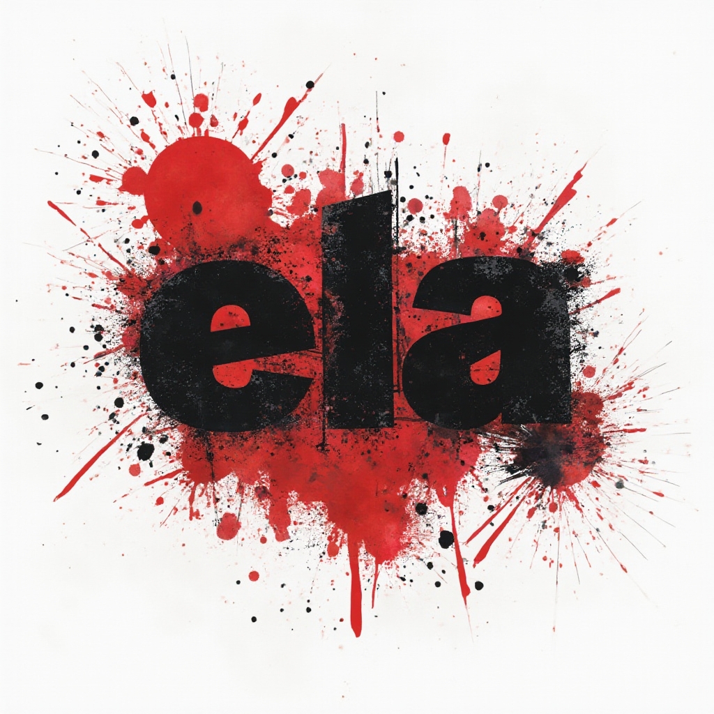 High-contrast black and red abstract composition suggesting the name ela on a white background.