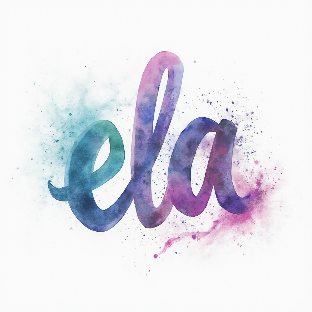 Watercolor-style abstract lettering forming the name ela with colorful ink splashes on a white background.