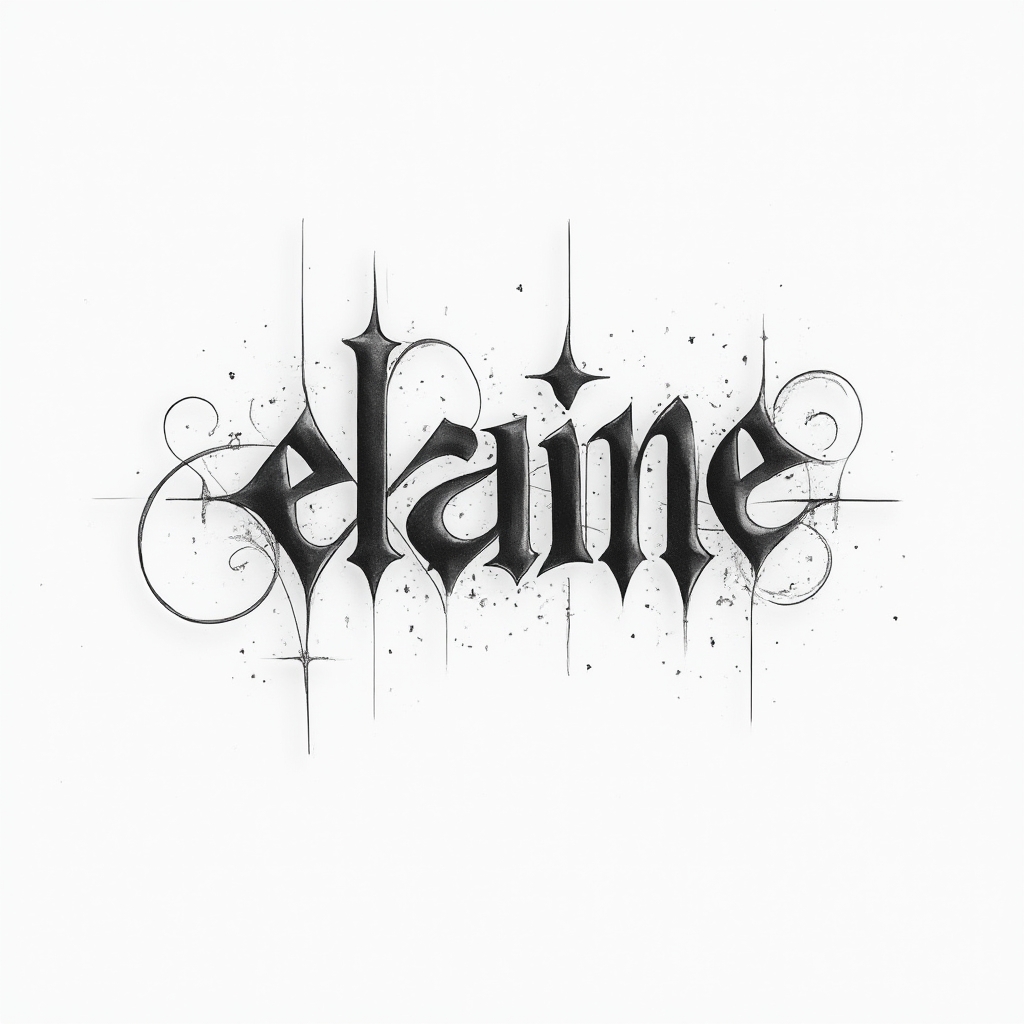 Minimal linear tattoo concept of the name elaine with continuous black line lettering on a white background.