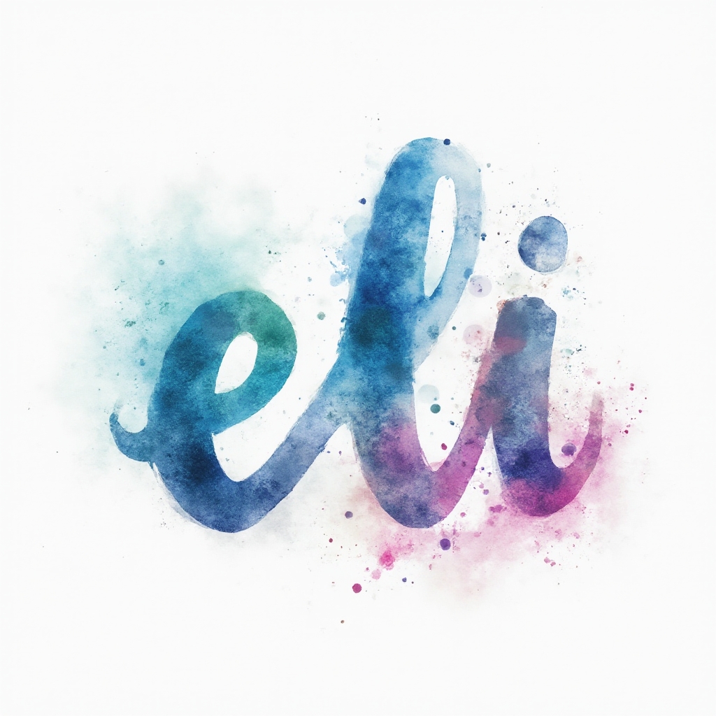 Watercolor-style tattoo concept with the name eli painted as colorful flowing brushstroke letters on a white background.