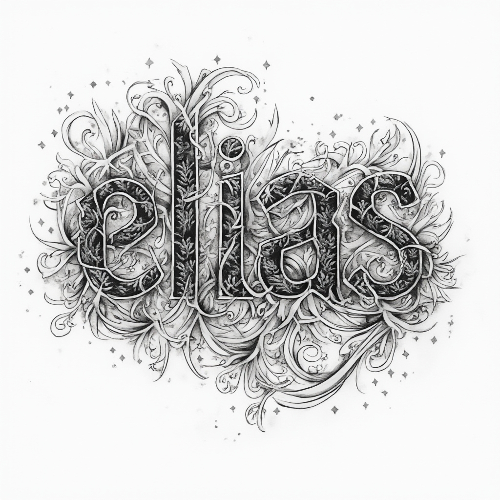 Abstract ornamental tattoo concept forming the name elias with intricate black linework on a white background.