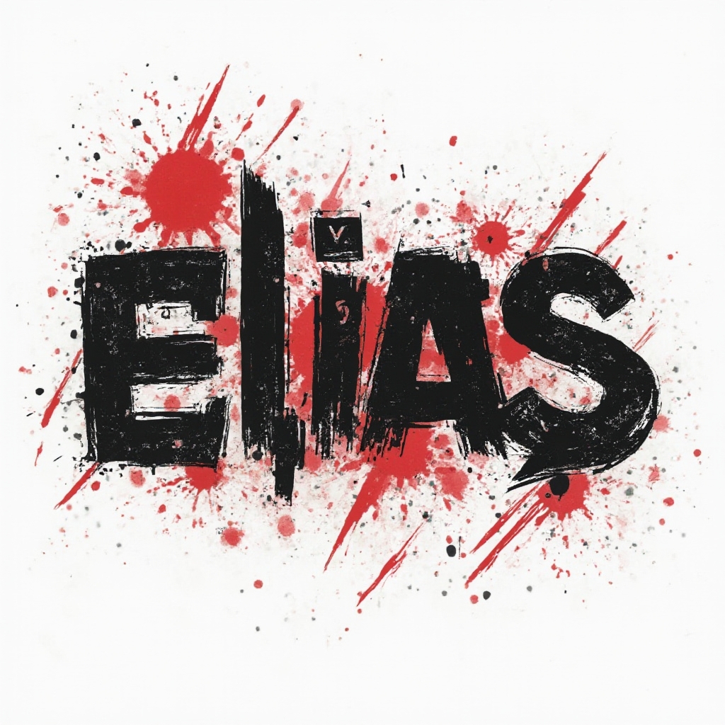 Trash Polka tattoo concept of the name elias with black and red distressed lettering on a white background.
