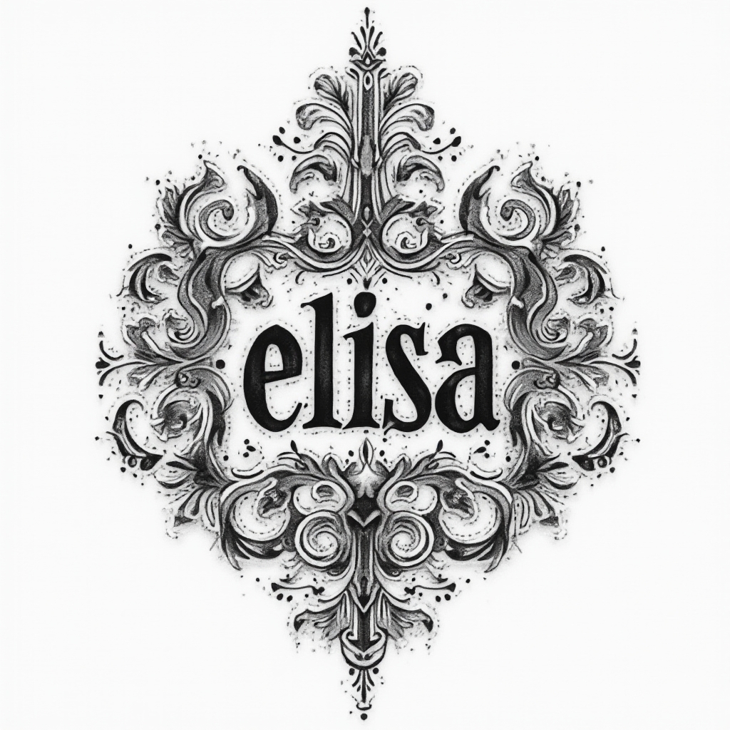 Ornamental crest-style tattoo concept of the name elisa built from intricate filigree lines on white