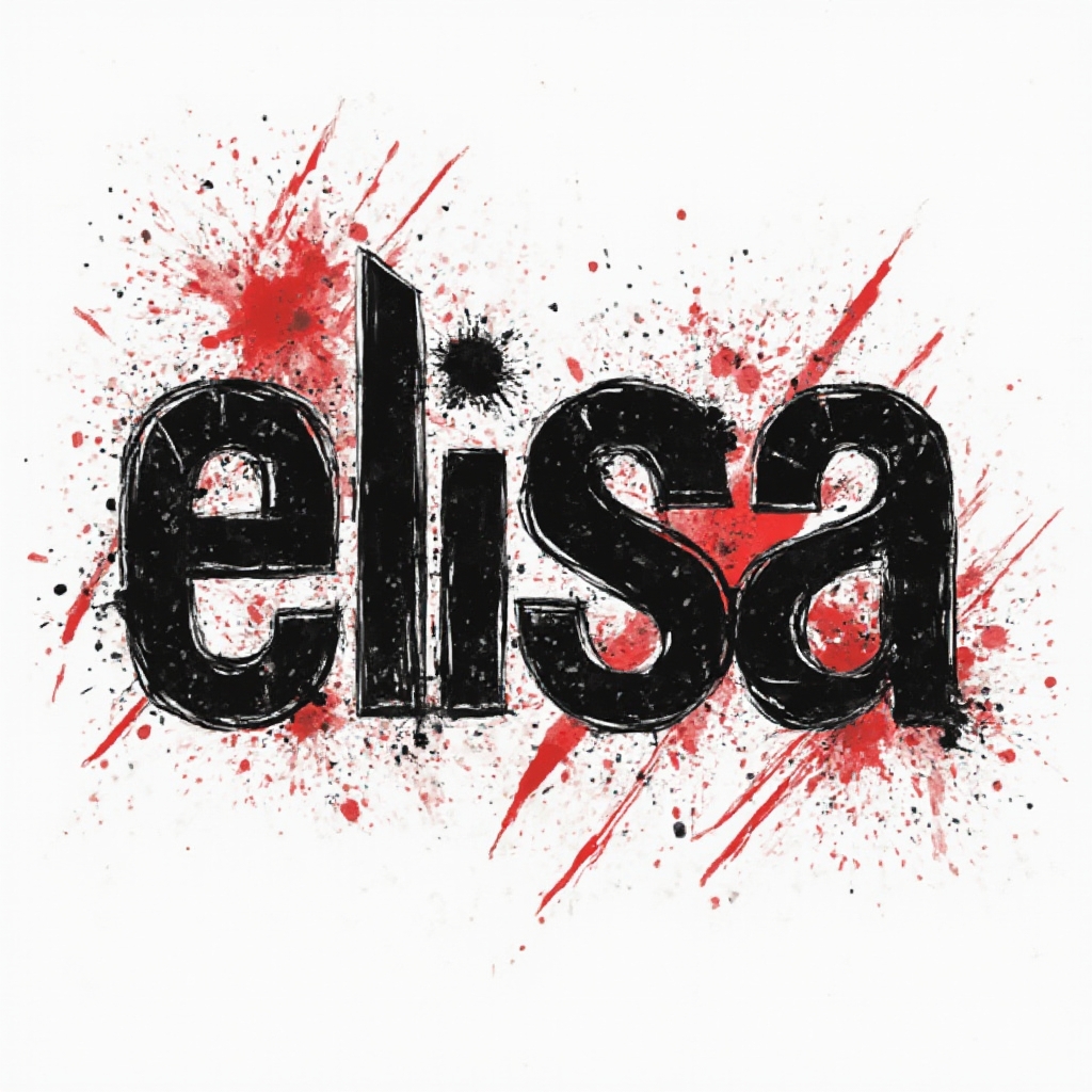 Trash Polka-style tattoo concept of the name elisa with bold black strokes and red splashes on white