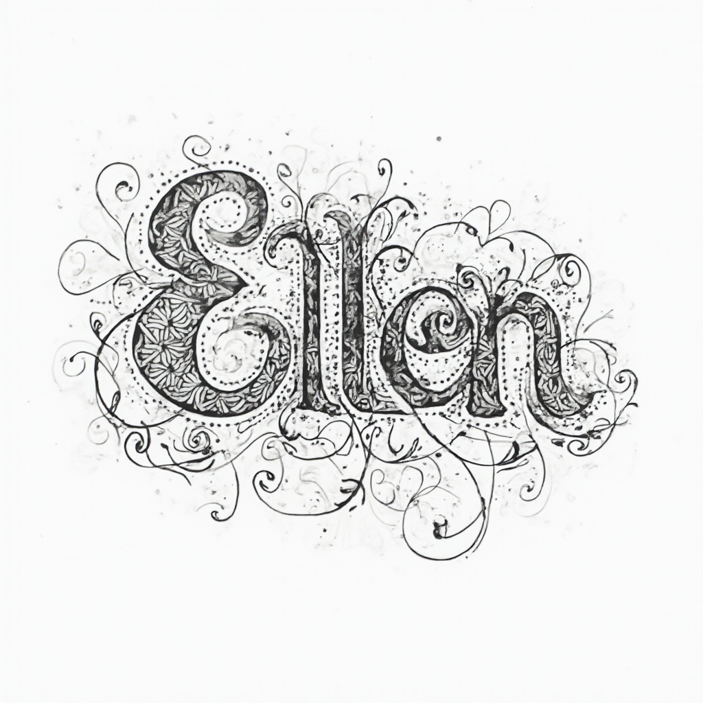 The name ellen drawn as intricate ornamental black linework on a white background.