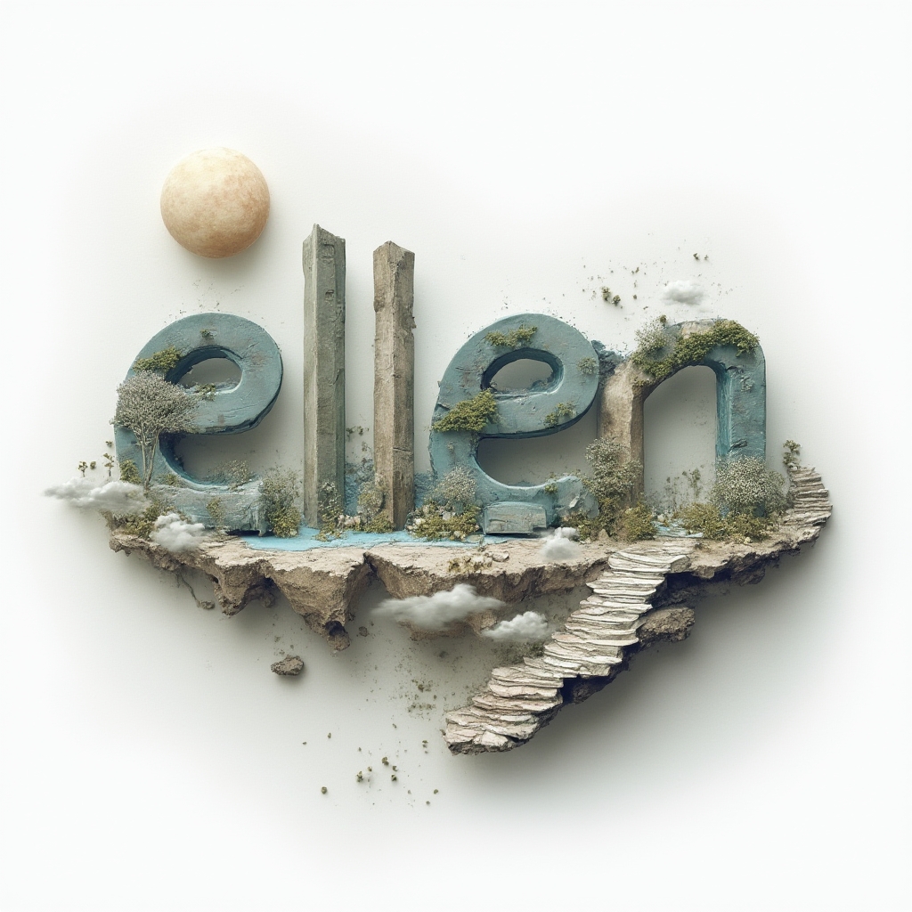 The name ellen formed from surreal floating structures and dreamlike objects on a white background.