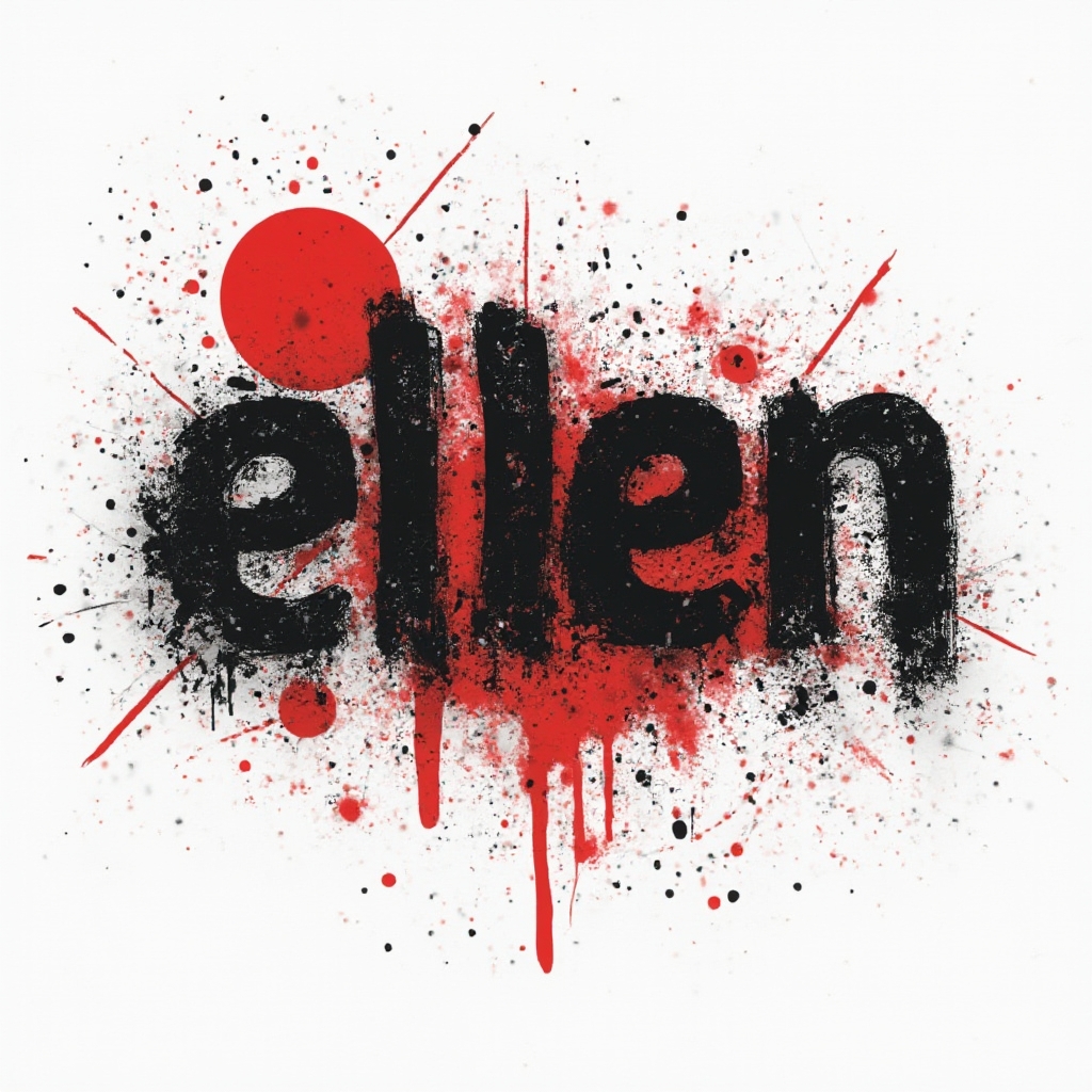 The name ellen in bold distressed lettering inside a high-contrast black and red abstract composition on white.