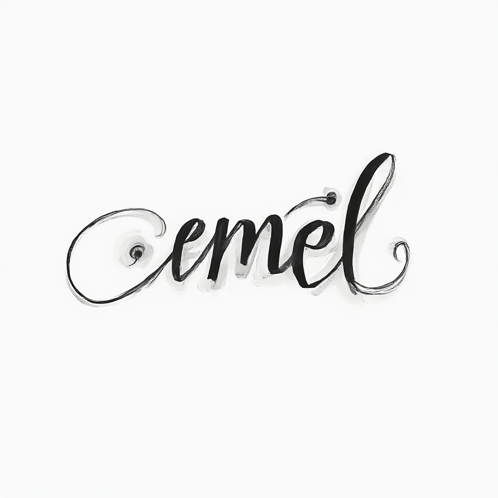 Minimal, abstract black line tattoo concept where a single ribbon-like stroke forms the name emel on a white background.