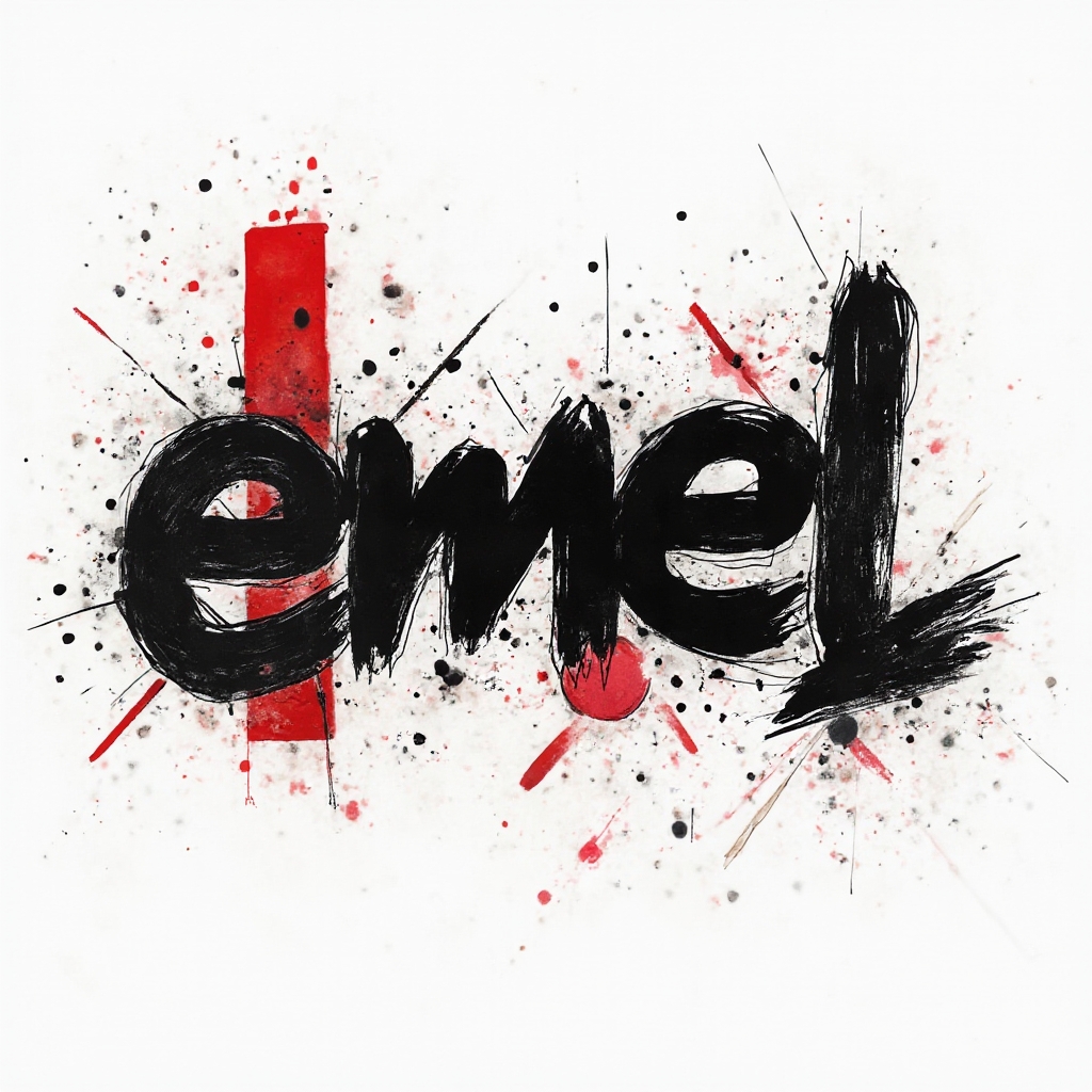 Trash Polka tattoo design where bold black strokes and red blocks form the name emel on a white background.