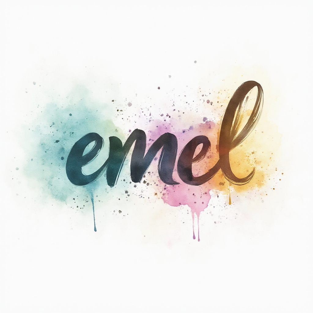 Watercolor-style tattoo concept where the name emel is formed by colorful brushstroke lettering with splashes on a white background.
