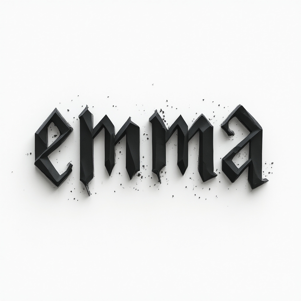 Geometric black and gray tattoo concept where the name emma is turned into sharp, dimensional glyph-like letters on white.