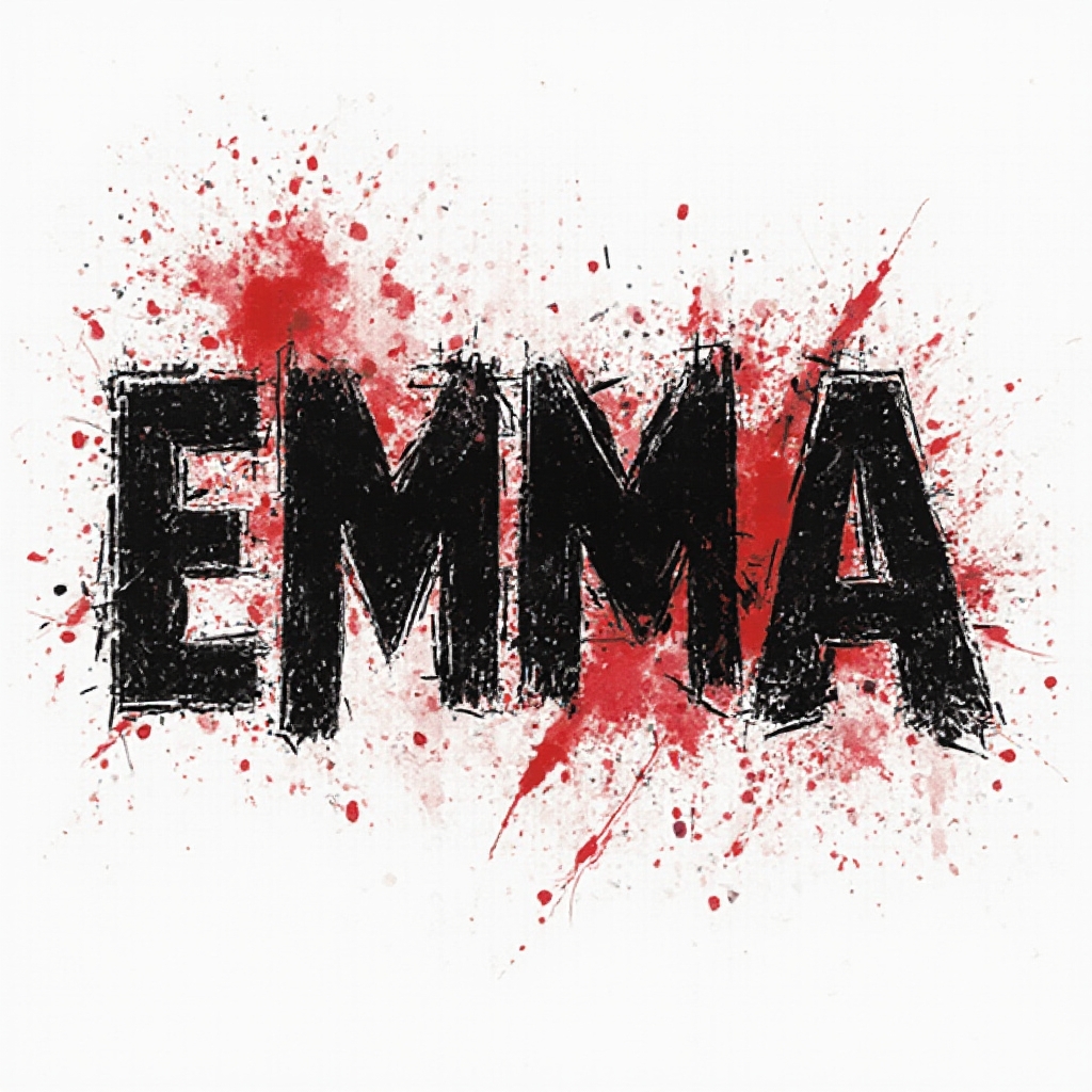 Trash Polka tattoo concept where the name emma is built from bold black letters, red splashes, and grunge textures on white.