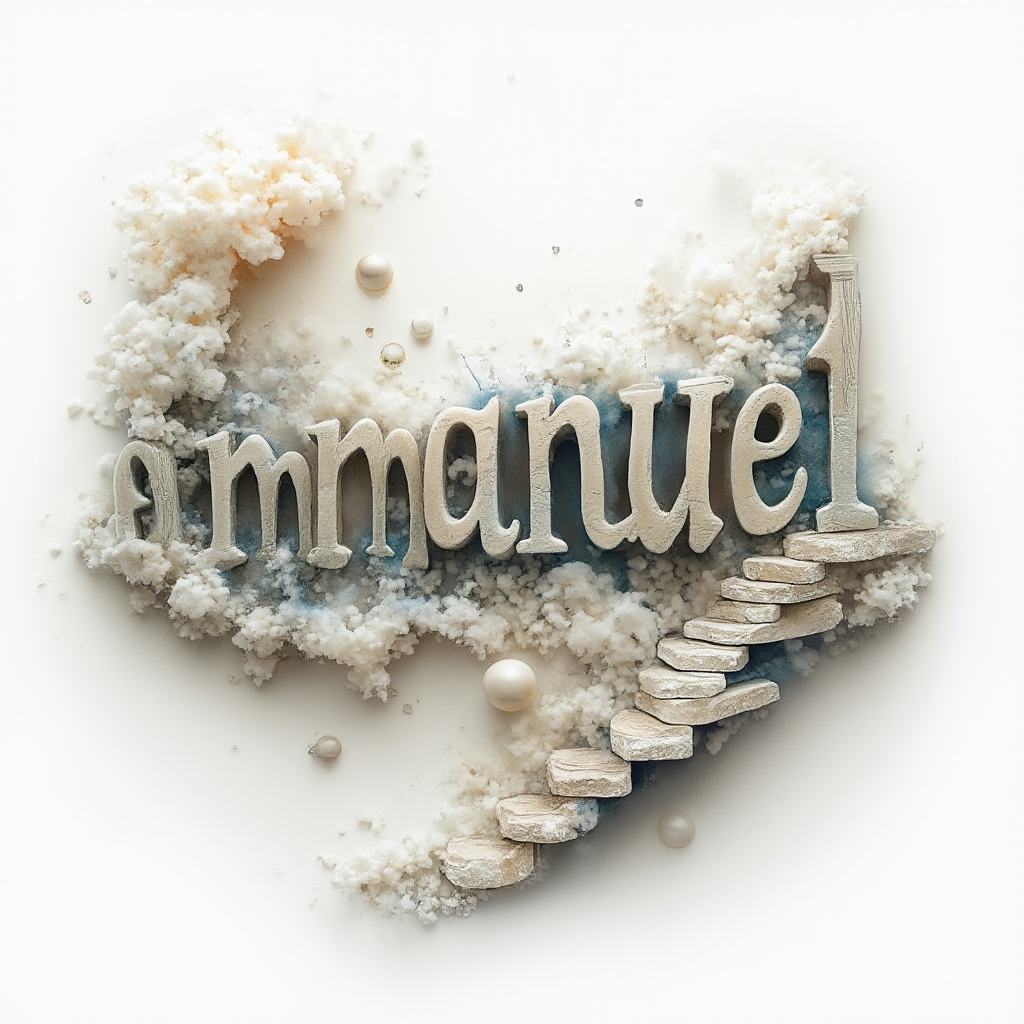 Surrealist tattoo concept of the name emmanuel built from dreamlike architectural and cloud forms on white background.