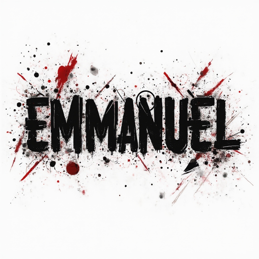 Trash Polka tattoo concept of the name emmanuel in distressed black and red ink on white background.
