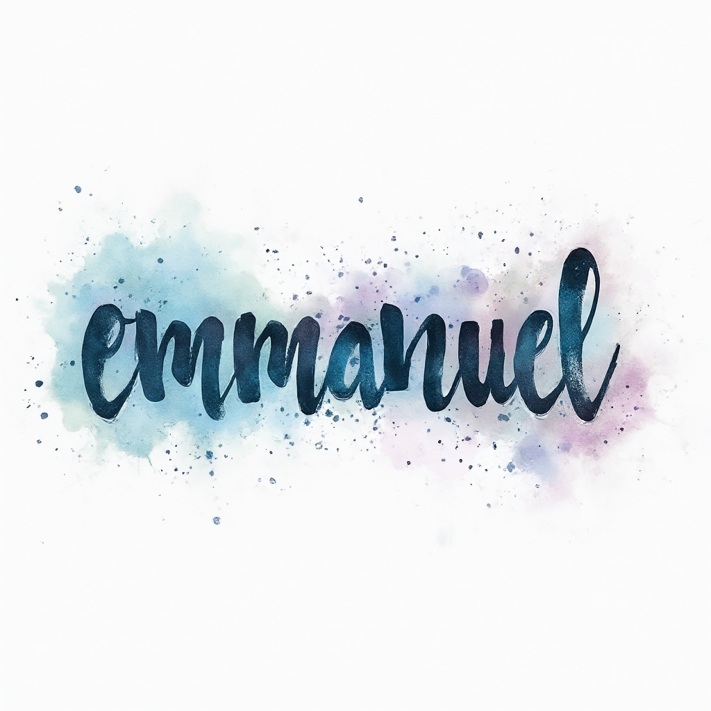 Watercolor tattoo concept of the name emmanuel painted as fluid brushstroke lettering on white background.