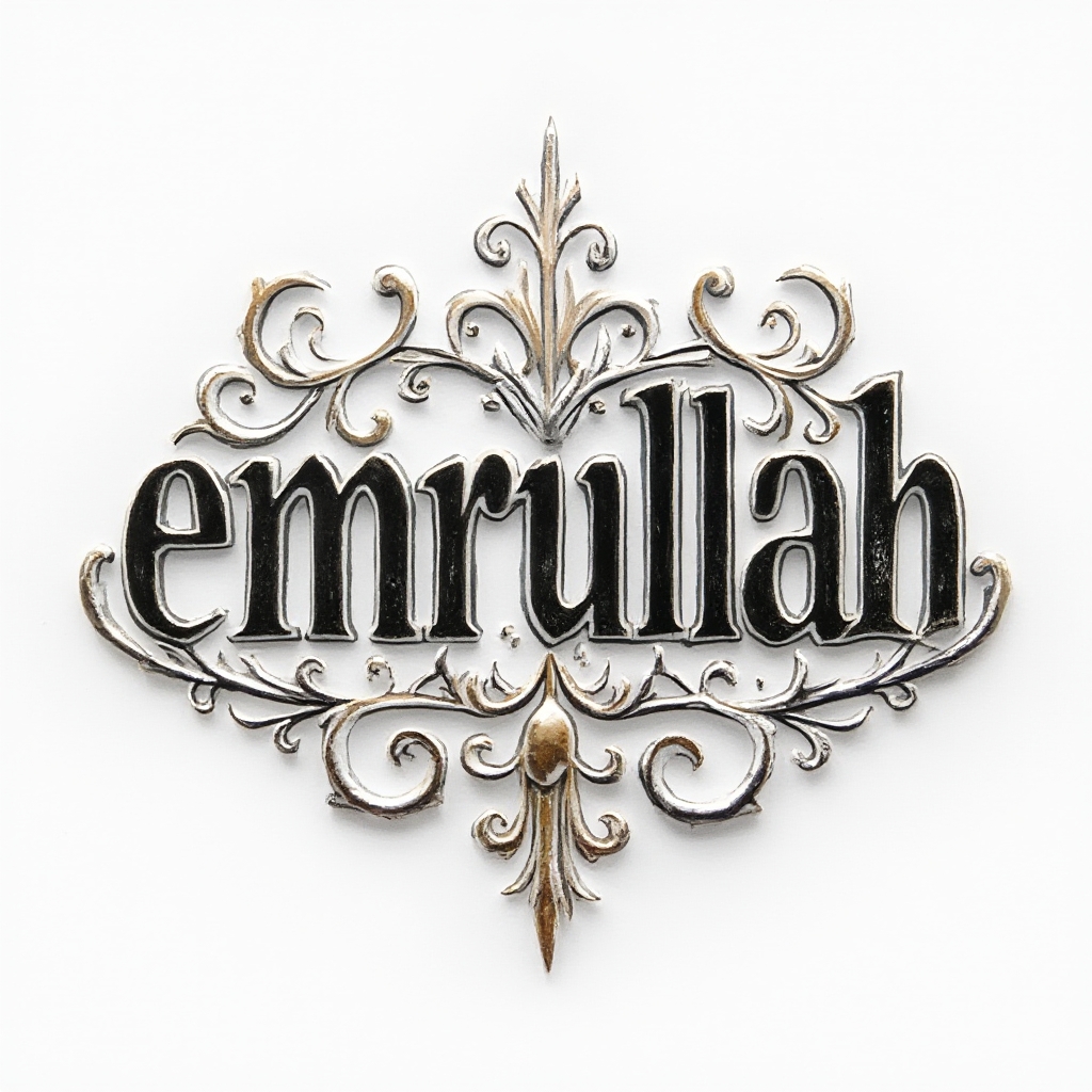 Ornamental emblem tattoo concept where stylized lettering forms the name emrullah on a white background.