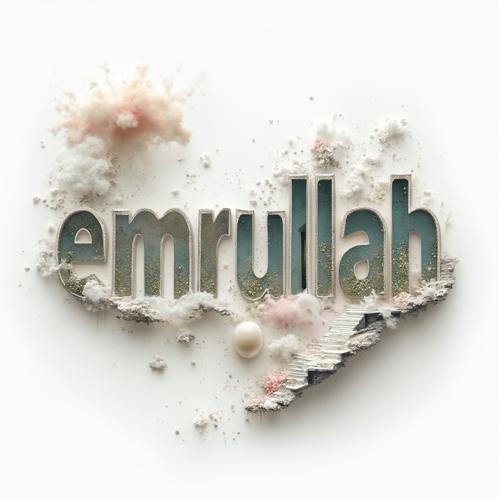 Surreal dreamscape name tattoo design where abstract structures form the word emrullah on a white background.