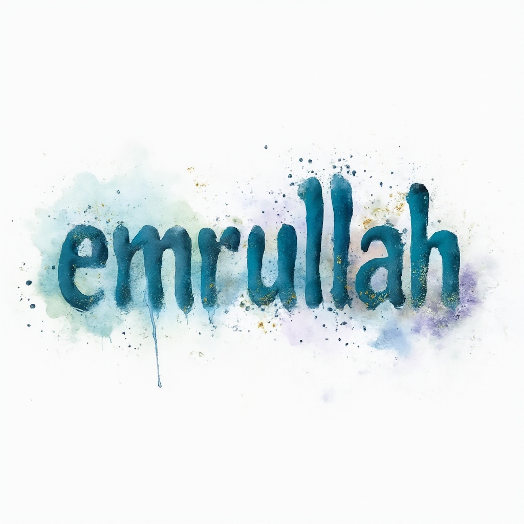 Watercolor ink splash name tattoo concept forming the word emrullah on a white background.