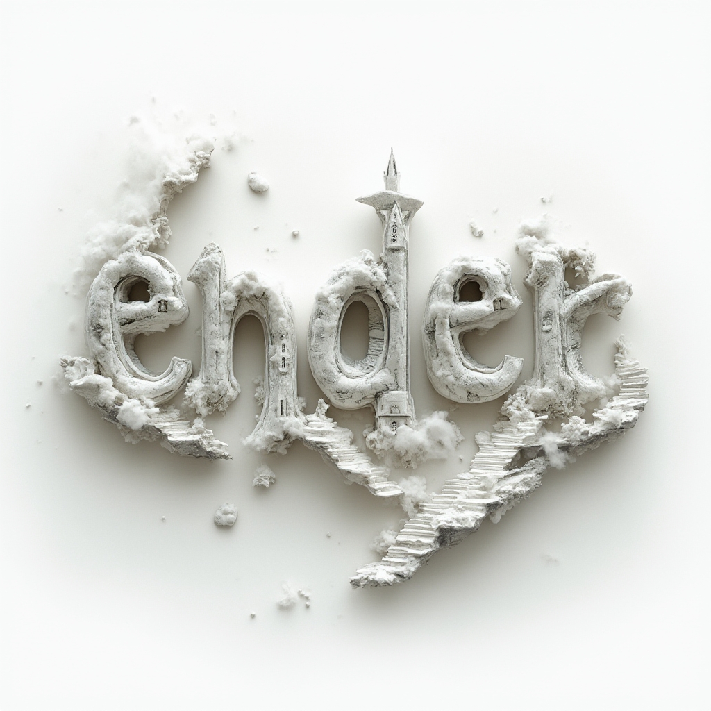 Surreal dreamscape tattoo concept with the name ender shaped as impossible architectural letters on a white background.