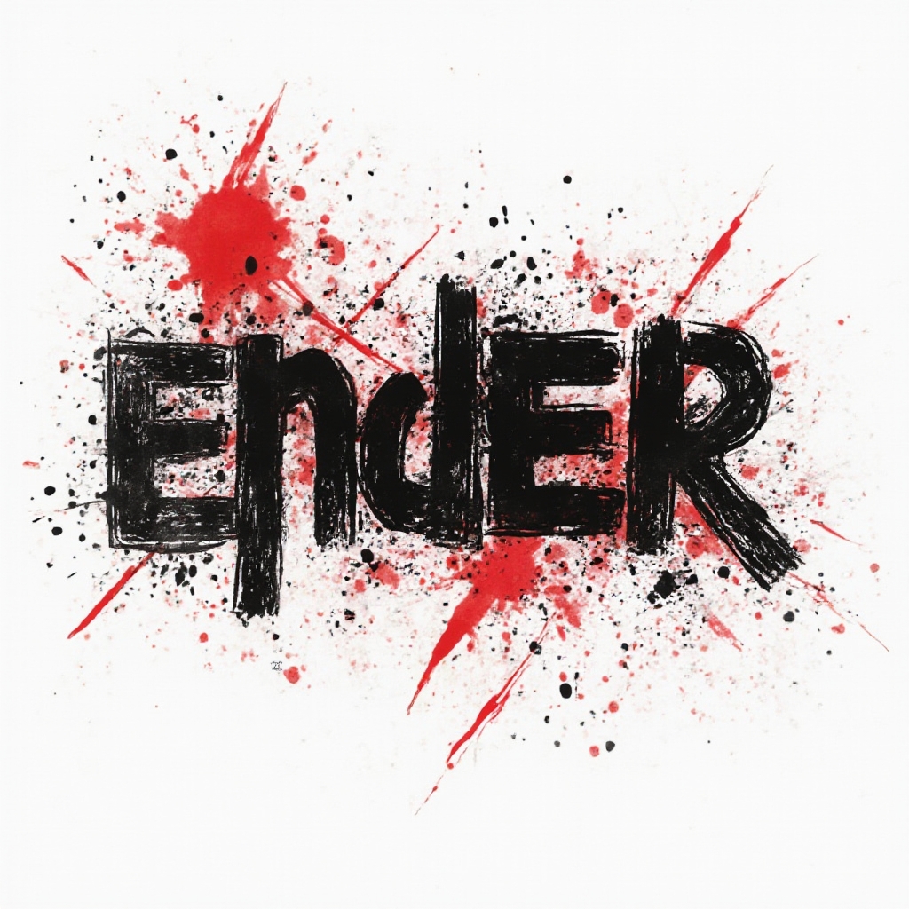 Trash Polka tattoo concept with the name ender built from fragmented black lettering, red shapes, and grunge textures on white.