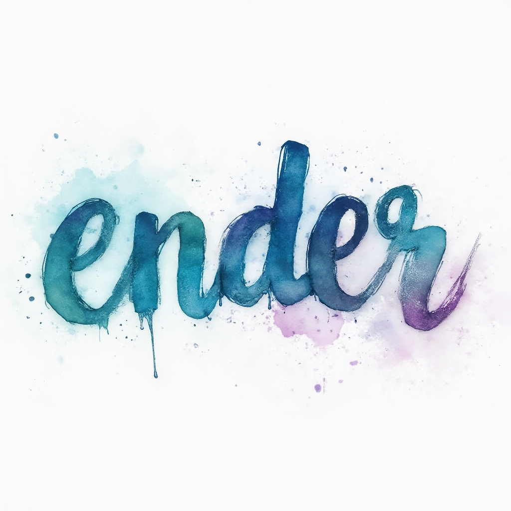 Watercolor-style ink splash tattoo concept with the name ender merged into colorful brushlike lettering on a white background.