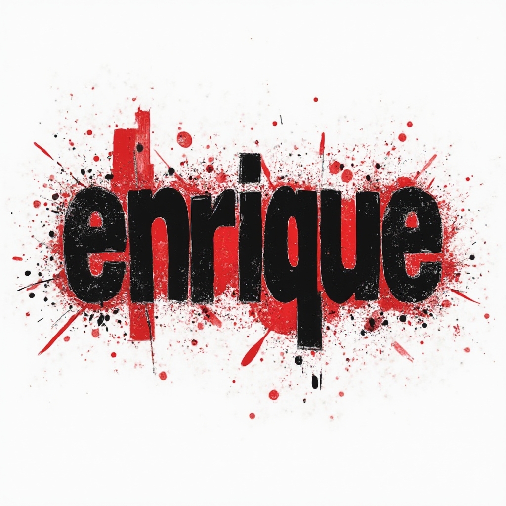 Trash Polka style tattoo concept spelling enrique with distressed black and red graphic lettering on white background.