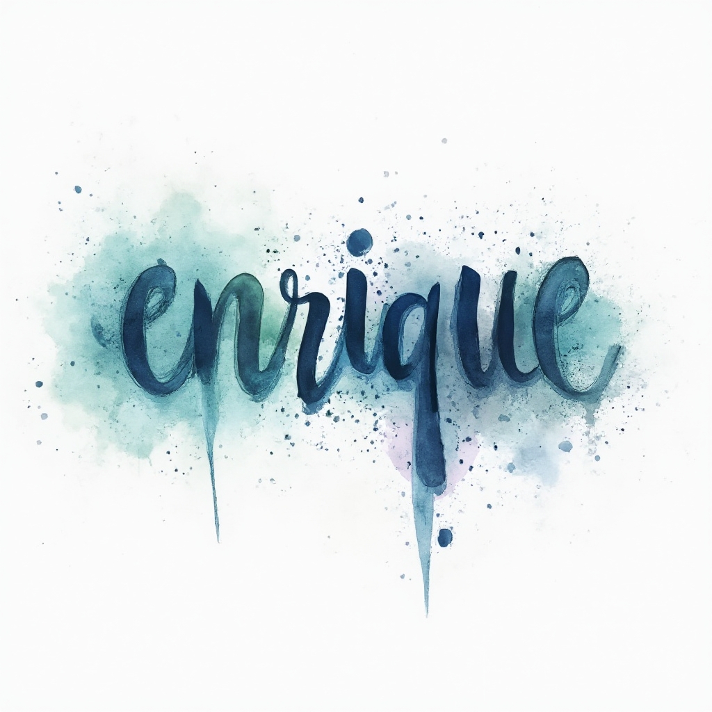 Watercolor-style ink splash tattoo concept forming the name enrique with flowing colorful lettering on white background.