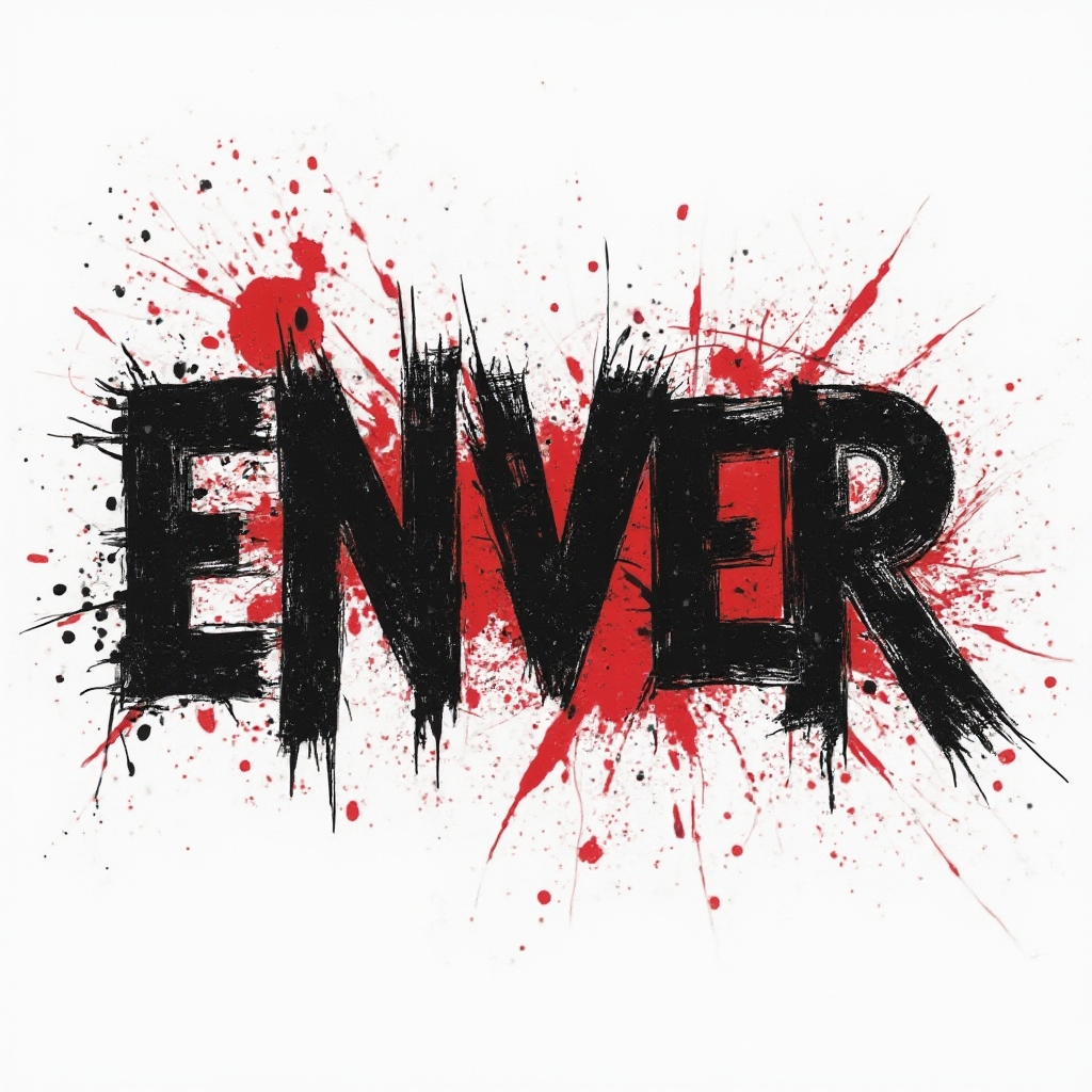 Trash Polka-inspired tattoo art where the name enver is built from distressed black strokes and red splashes on white.