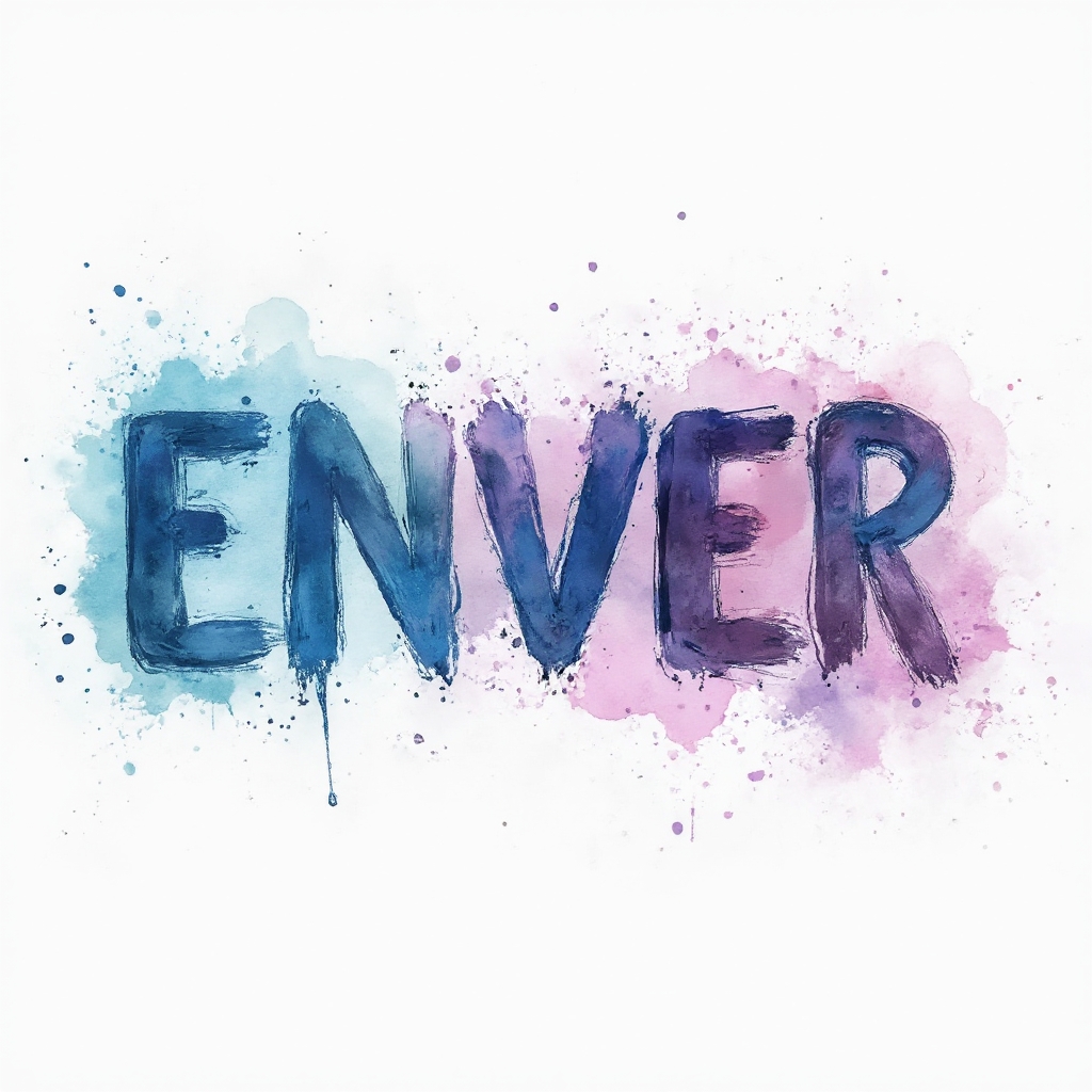 Watercolor-style abstract name tattoo design where the letters of enver are formed from colorful paint splashes on a white background.