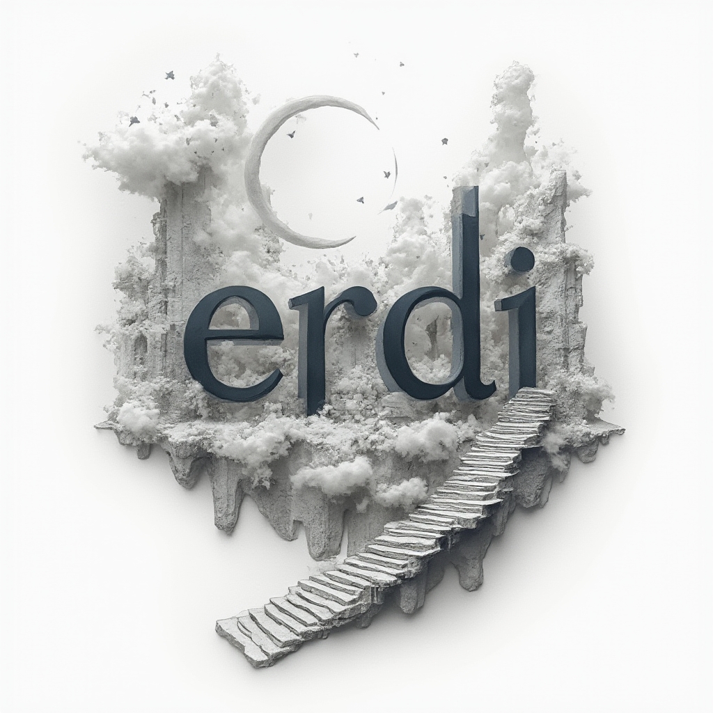 Surreal dreamscape tattoo design with the name erdi hidden in impossible shapes on white.