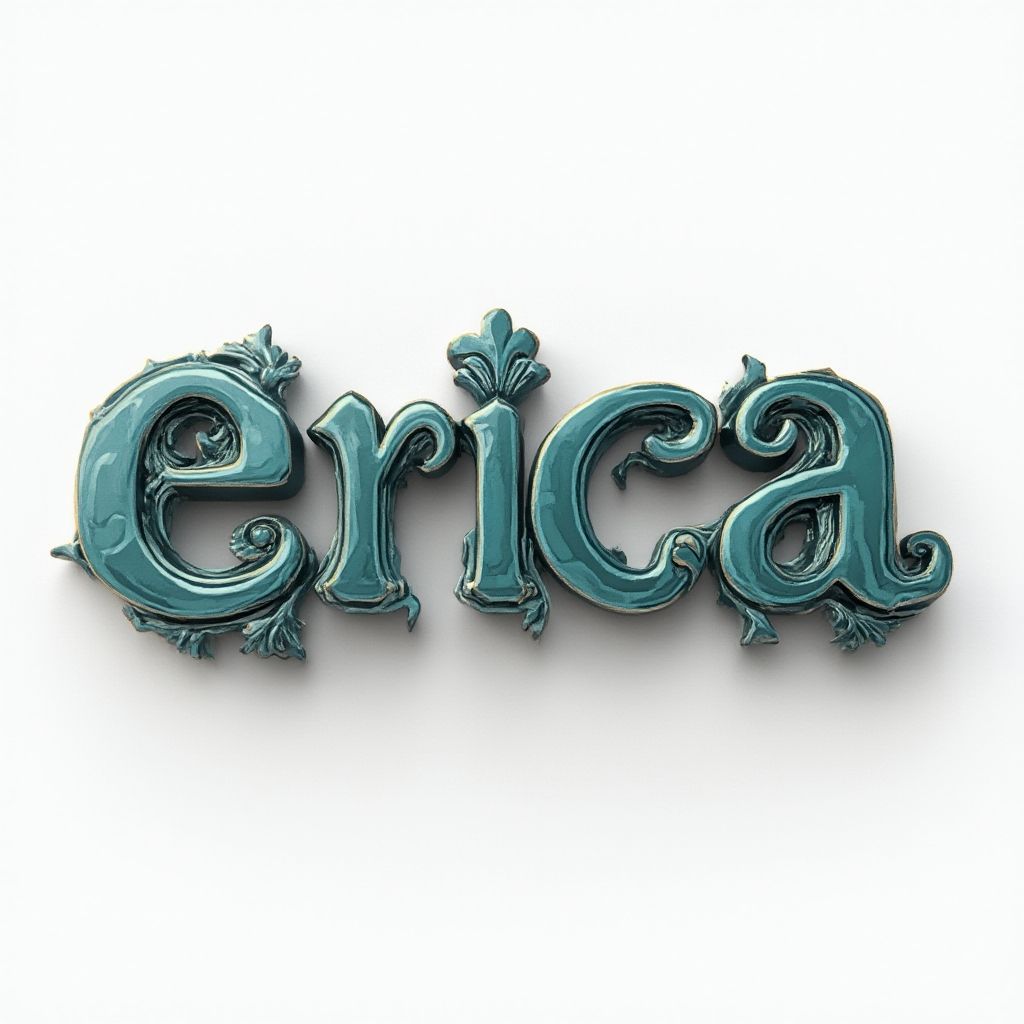 Dimensional tattoo concept where the name erica appears as sculpted 3D lettering with fine detailing on a white background