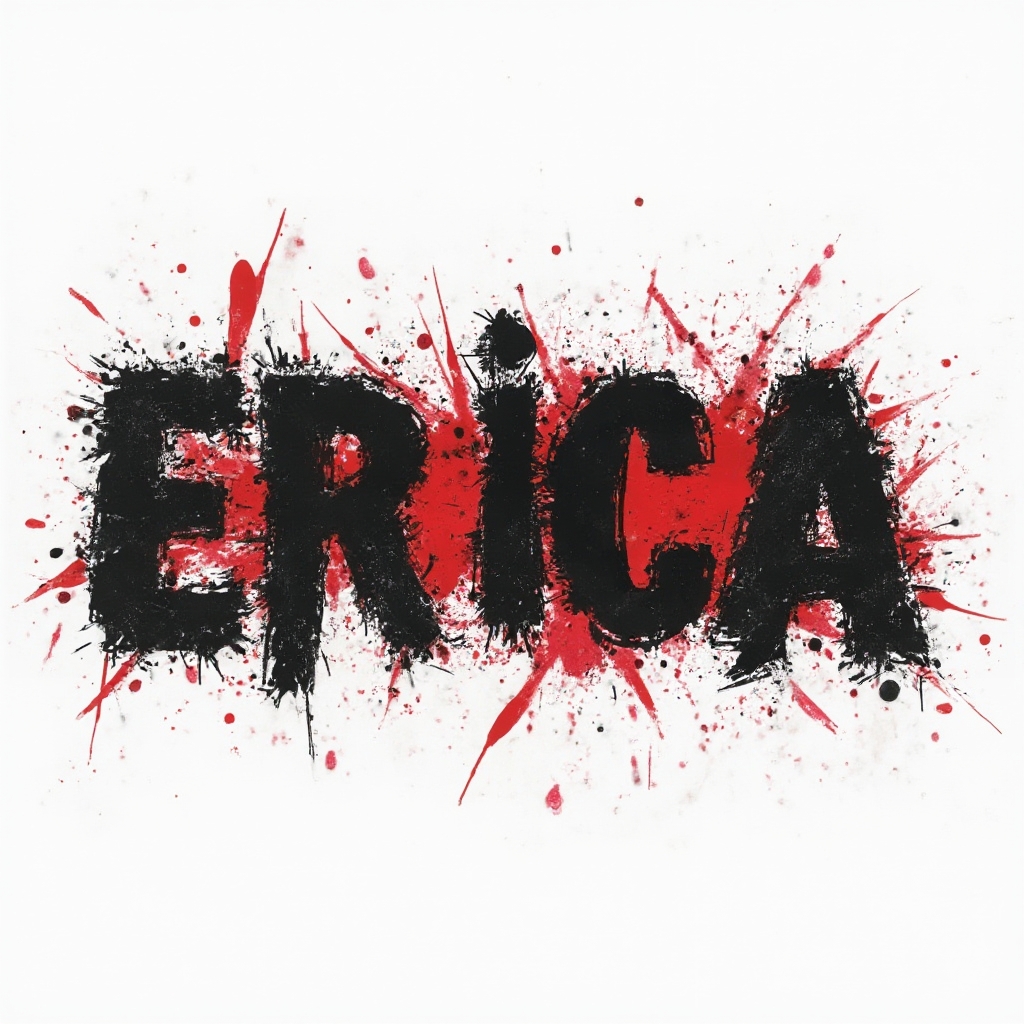 Trash Polka tattoo concept where the name erica is built from bold black strokes and red accents on a white background