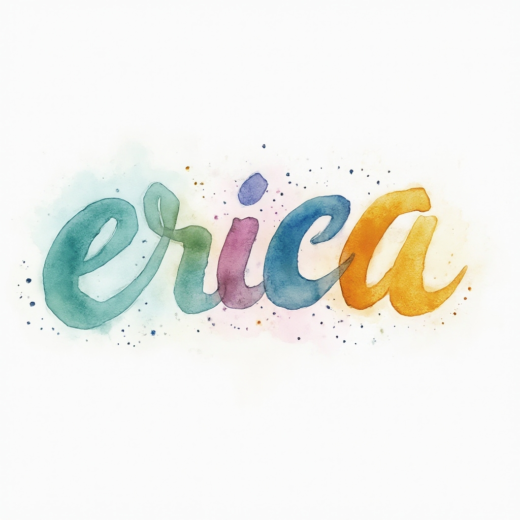 Watercolor-style tattoo concept where the name erica is formed from flowing, multicolor paint strokes on a white background