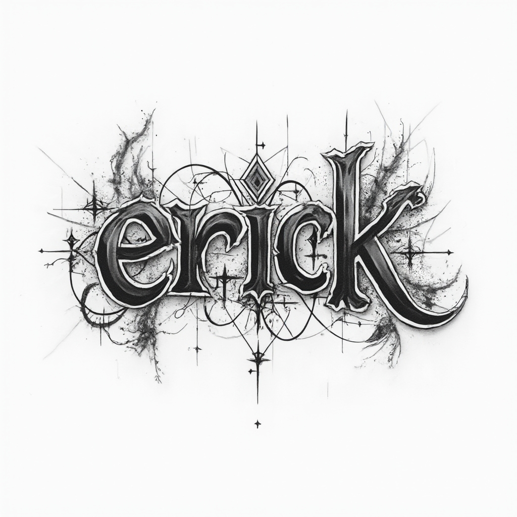 Original-style tattoo design of the name erick in dimensional, ornamental lettering on white background