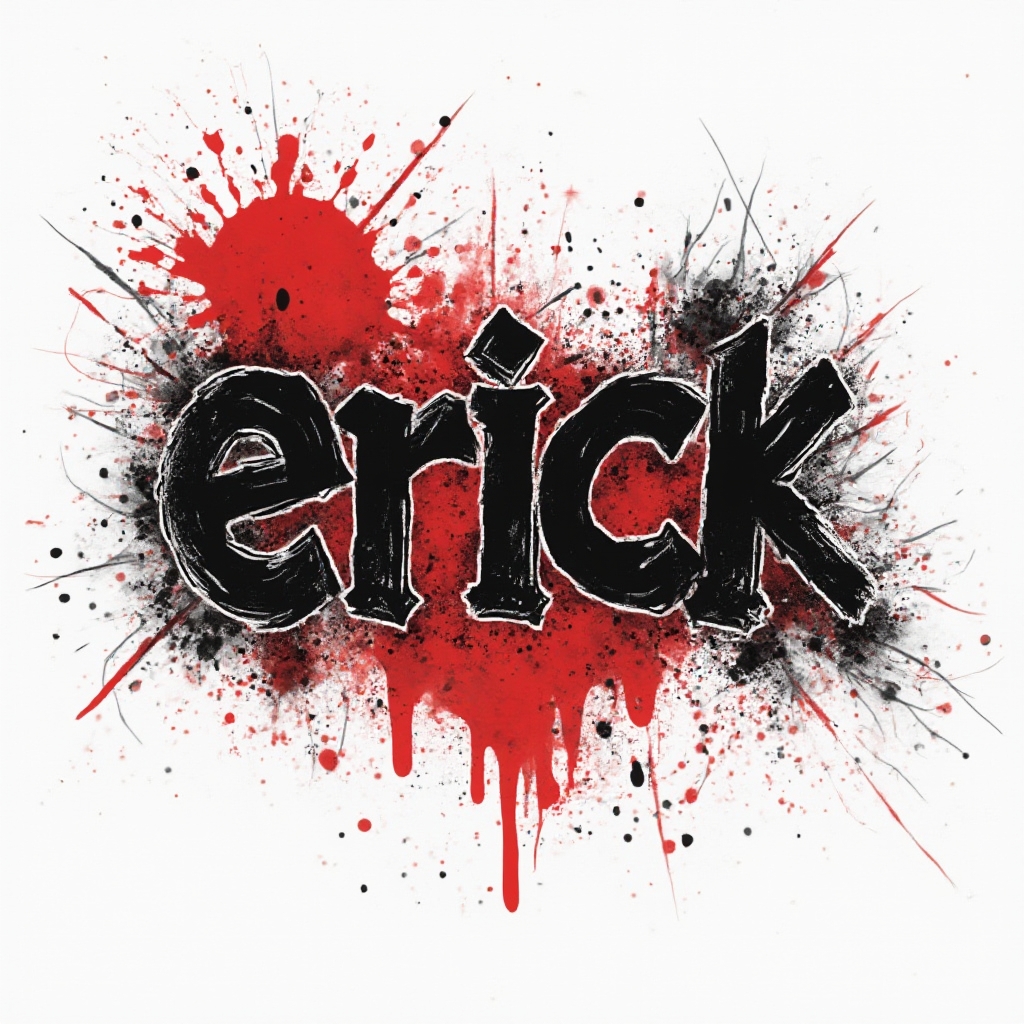 Trash Polka style tattoo design of the name erick with bold black and red abstract lettering on white background
