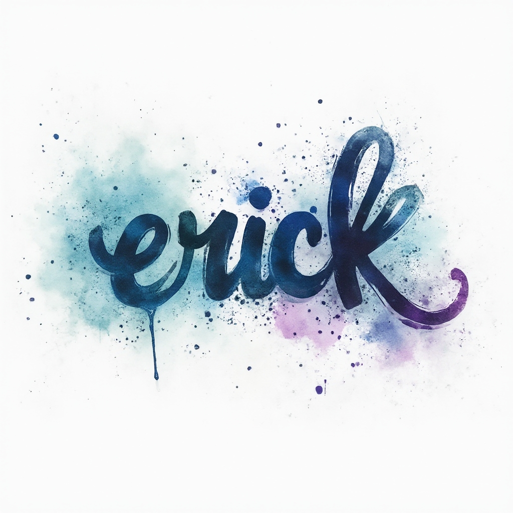 Watercolor tattoo concept of the name erick formed from flowing ink and paint splashes on white background