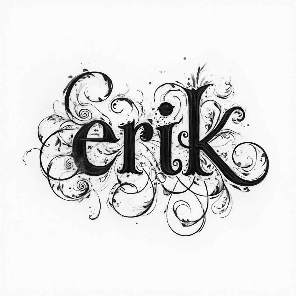 ornamental black ink tattoo concept forming the name erik with flowing flourishes on white background
