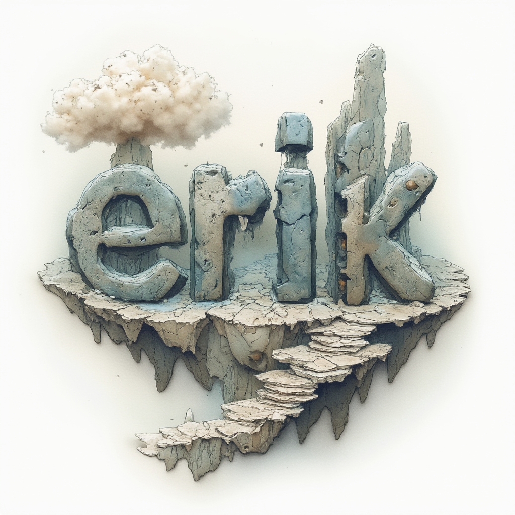 surreal dreamscape tattoo concept where the name erik forms impossible architectural letters on white background