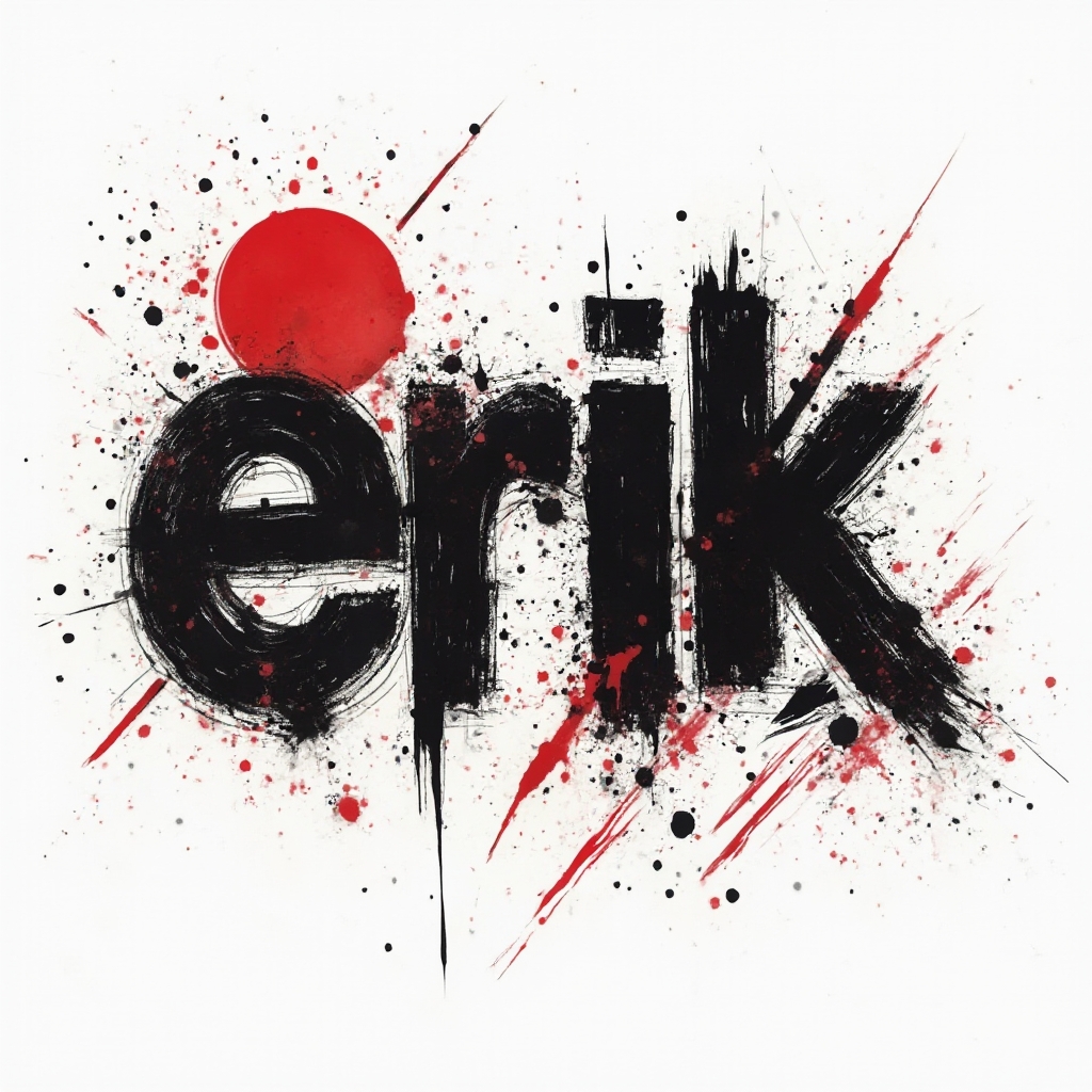 trash polka tattoo concept turning the name erik into bold fragmented black and red lettering on white background
