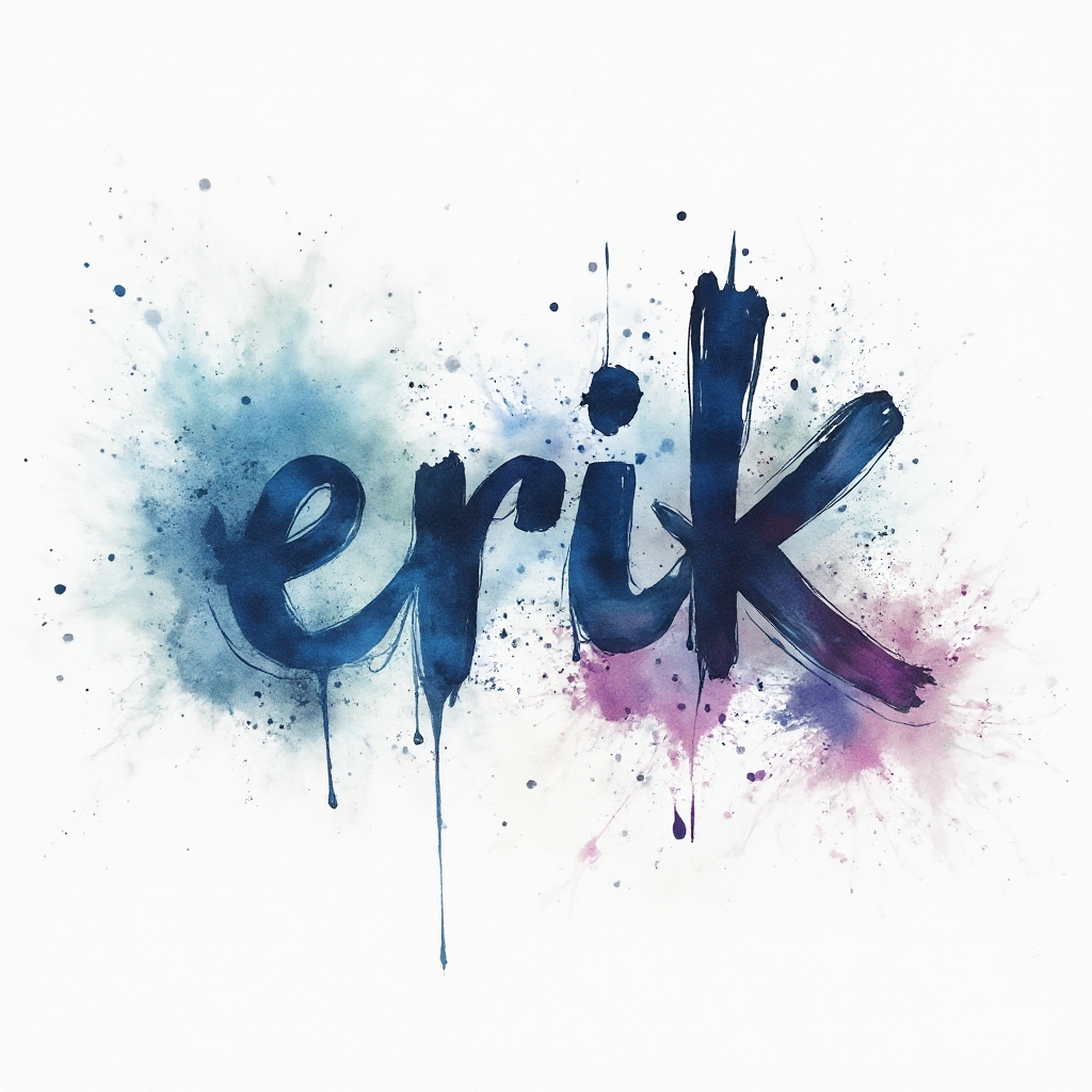watercolor splash tattoo concept forming the name erik with colorful brush lettering on white background