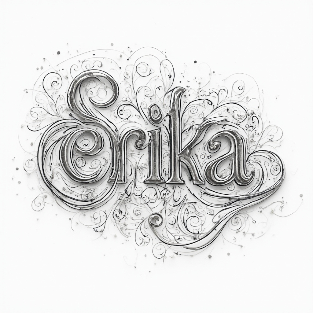 Ornamental tattoo concept where the name erika is formed from intricate, looping decorative black linework on a white background.