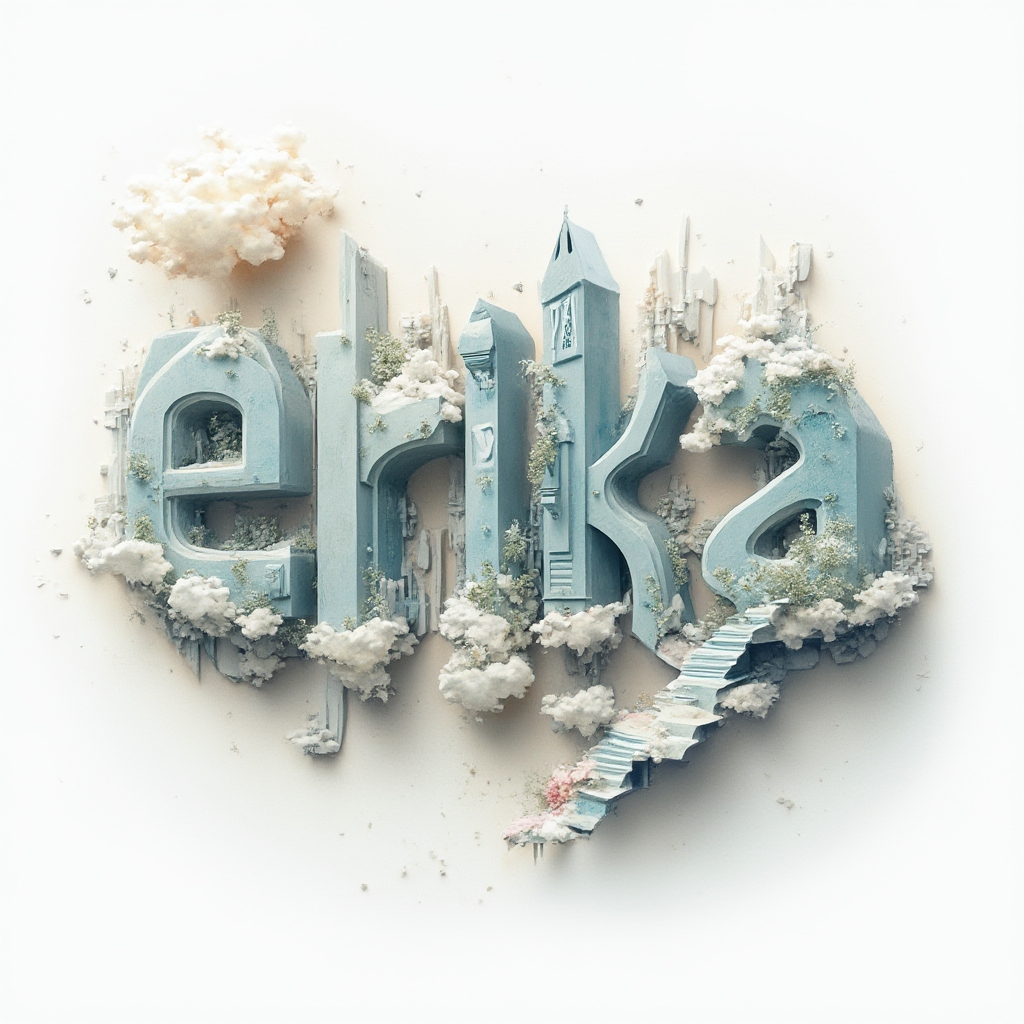 Surrealistic tattoo concept where the name erika becomes floating, impossible architectural letterforms on a white background.